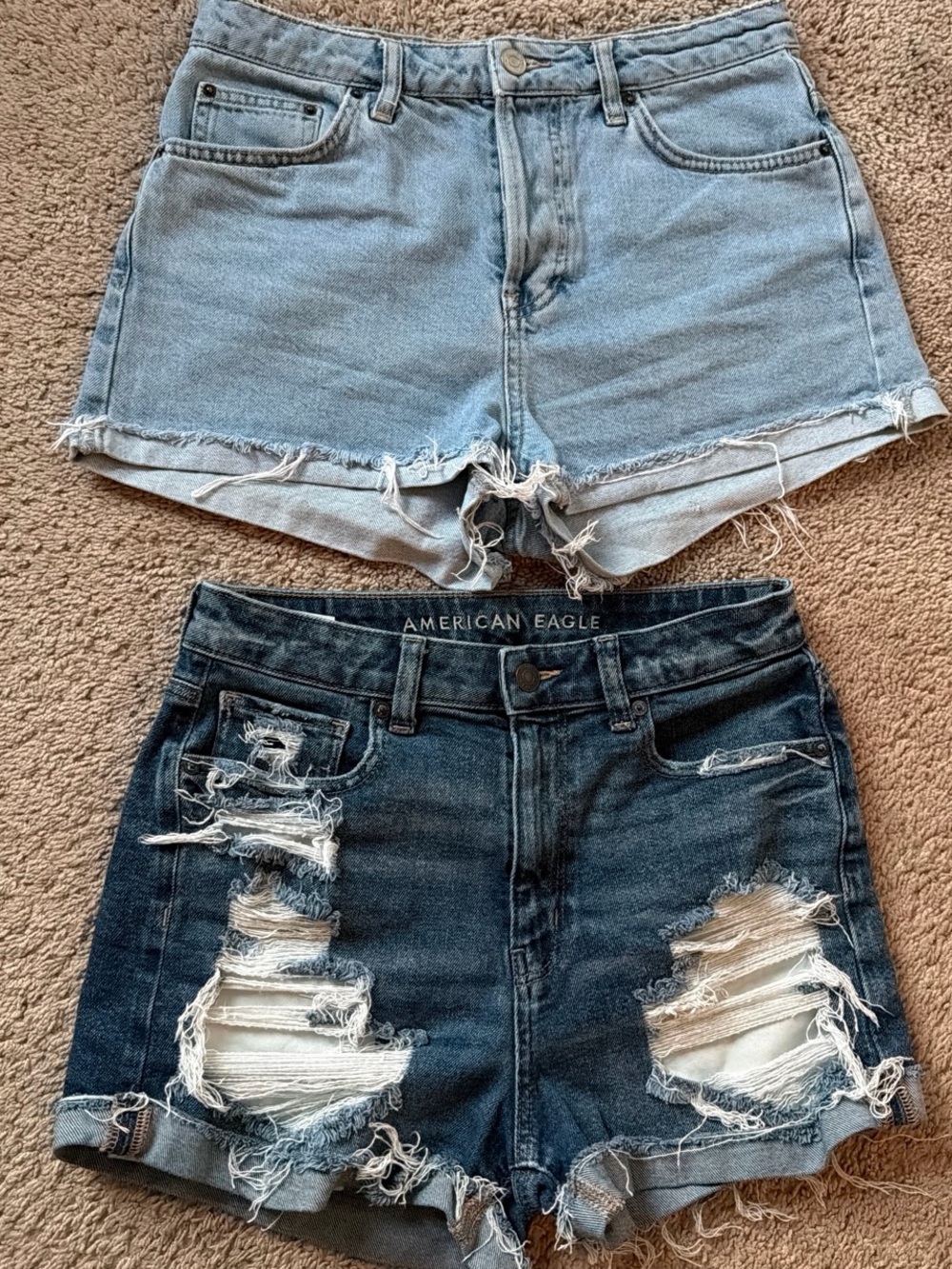 American Eagle Distressed Dark Wash Denim Shorts & Light Wash Cutoff Set